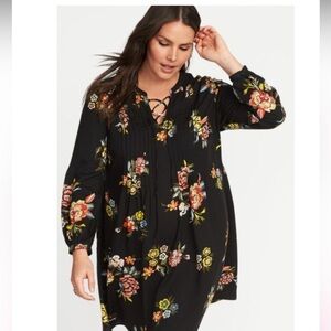 Old Navy Lace Up Yoke Swing Dress Black Floral Long Sleeve Size Large